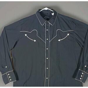 White Horse Western Shirt Men XL Black Piping Yoke Pearl Snap Smile Rockabilly